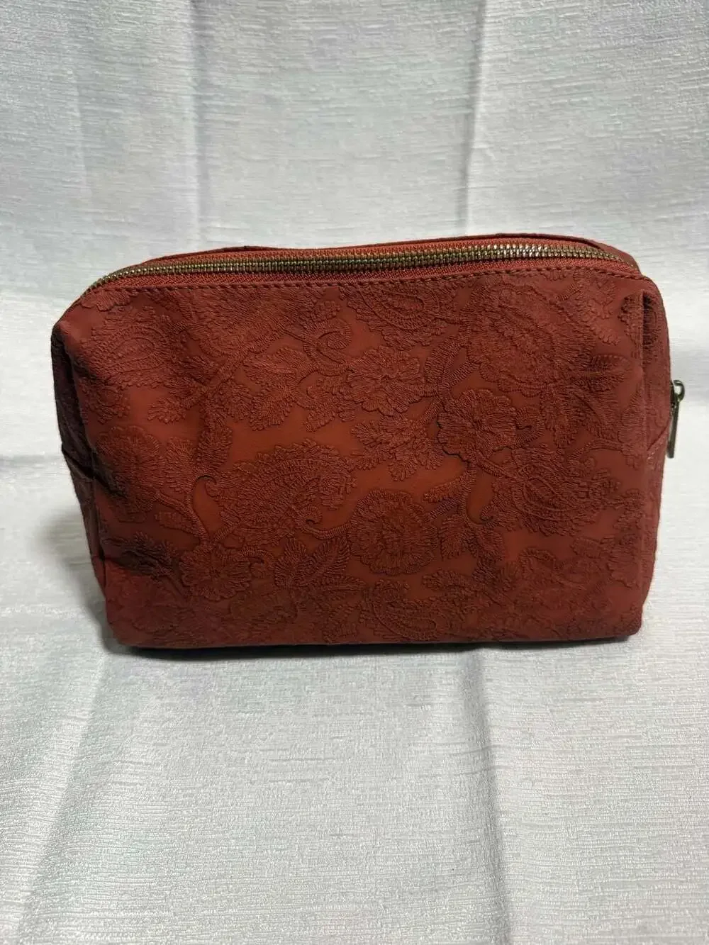 Revive Vintage Terracotta Red Floral Embossed Cosmetic Pouch Toiletry Bag